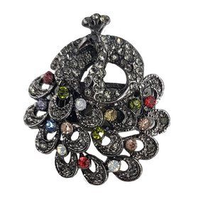Gunmetal Tone Multicolor Bejeweled Design Peacock Stretch Cocktail Ring